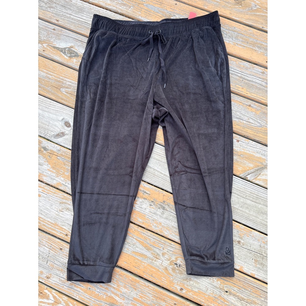 Cuddl Duds Womens P2X Black Velour Joggers Drawstring Waist Pockets Loungewear